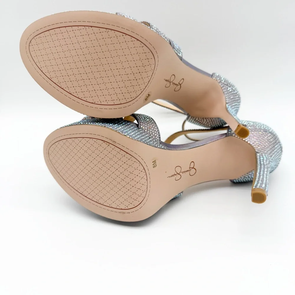 Jessica Simpson Shyremin Rhinestone Platform Stiletto Sandals Silver Glam 8 NEW